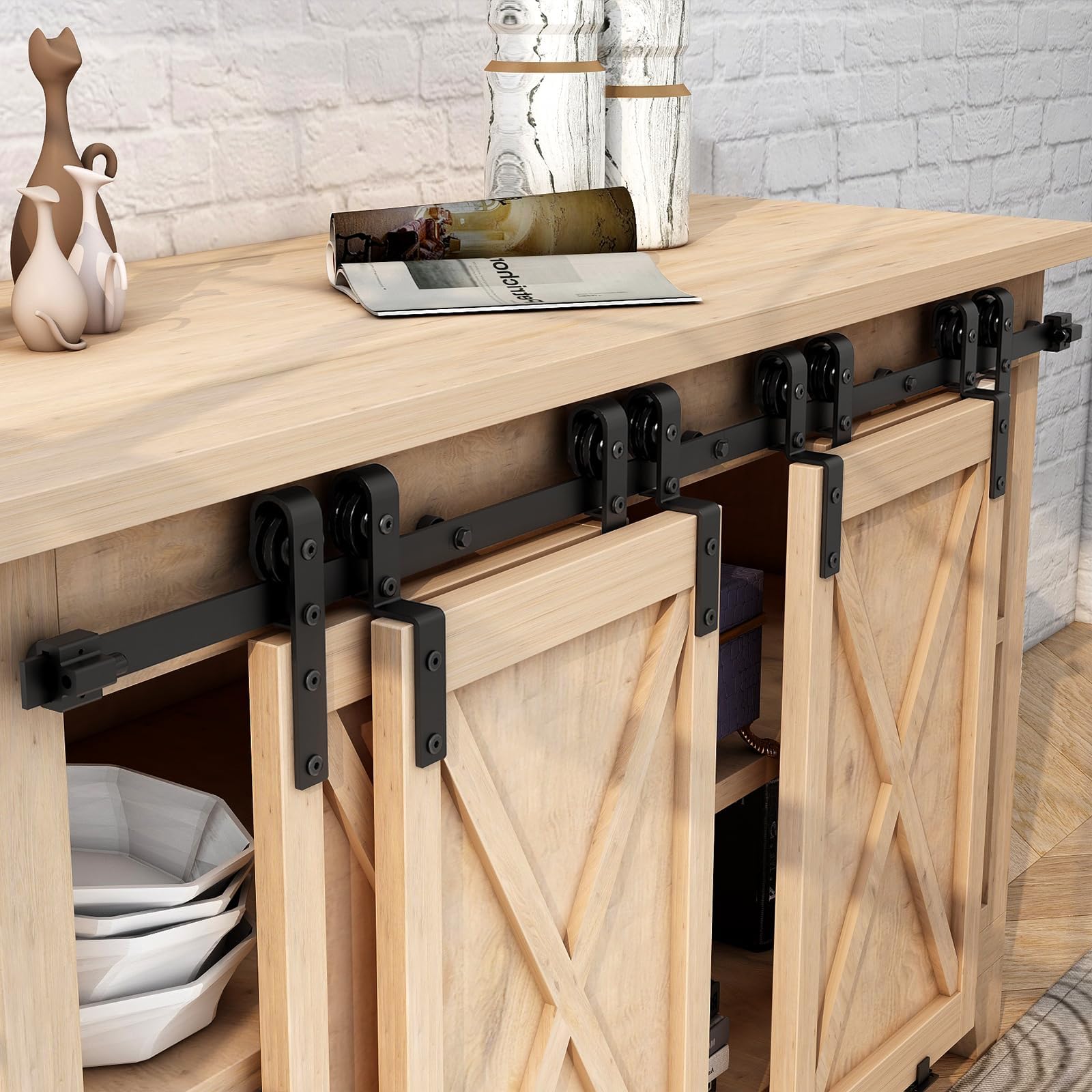 6FT Mini Bypass Barn Door Hardware Kit for 4 Doors, Small Cabinet Barn Door Hardware Track Kit for Cabinet, TV Stand, Cupboard (No Cabinet)