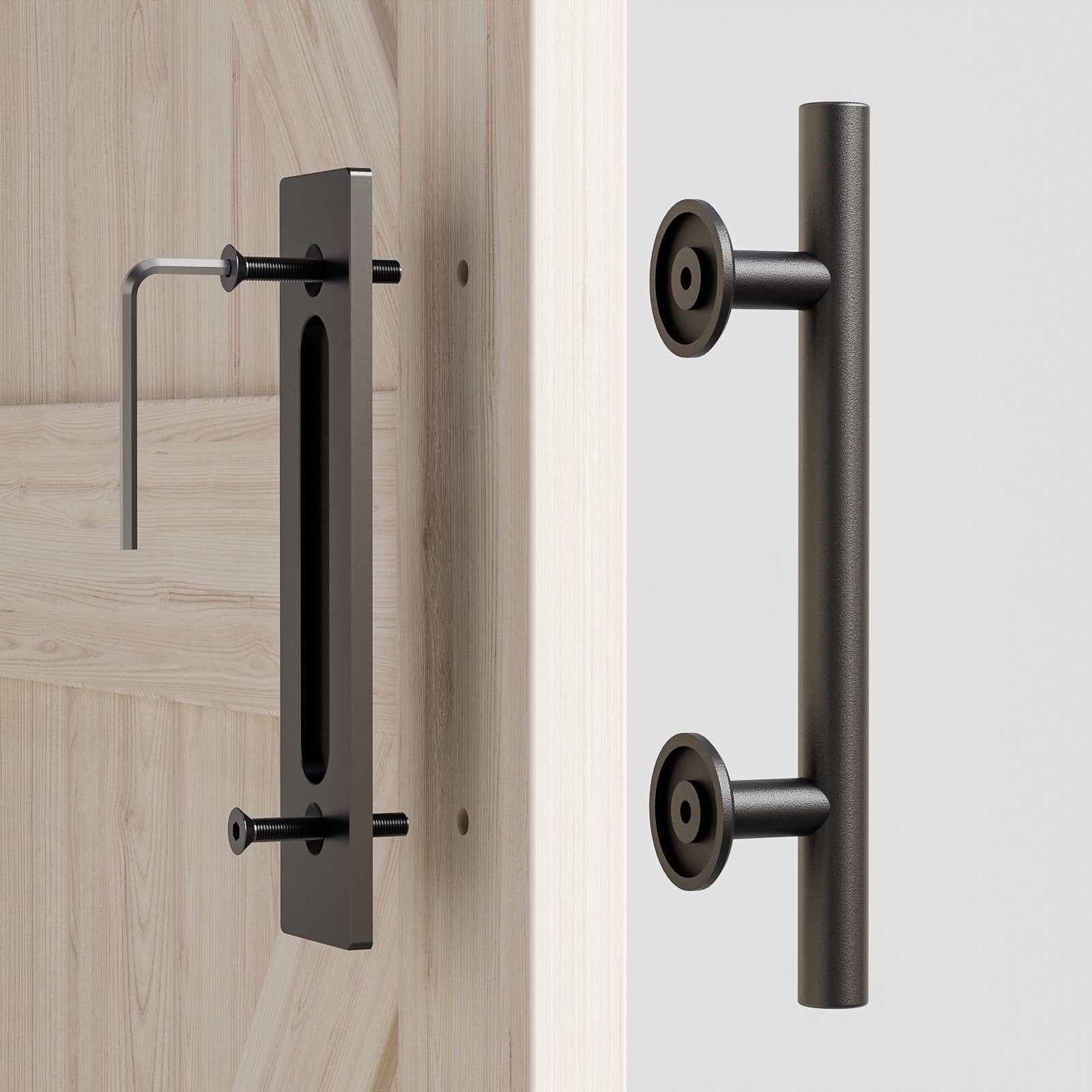 FLYVLIEG 9.45"/24cm Heavy Duty Pull and Flush Door Handle Set in Black, Sliding Barn Door Handle Fit Doors Up to 2 3/8''