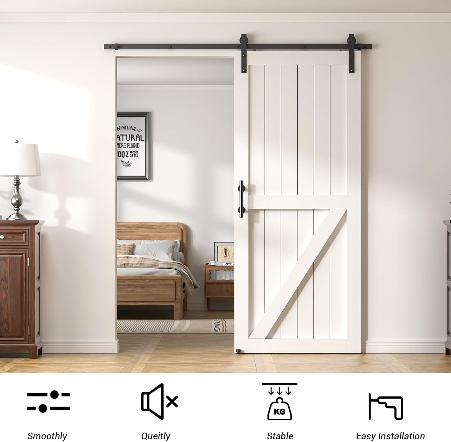 9FT Barn Door Hardware Kit – Includes J-Roller with Handles & Floor Guide, Smooth, Quiet & Easy DIY Install
