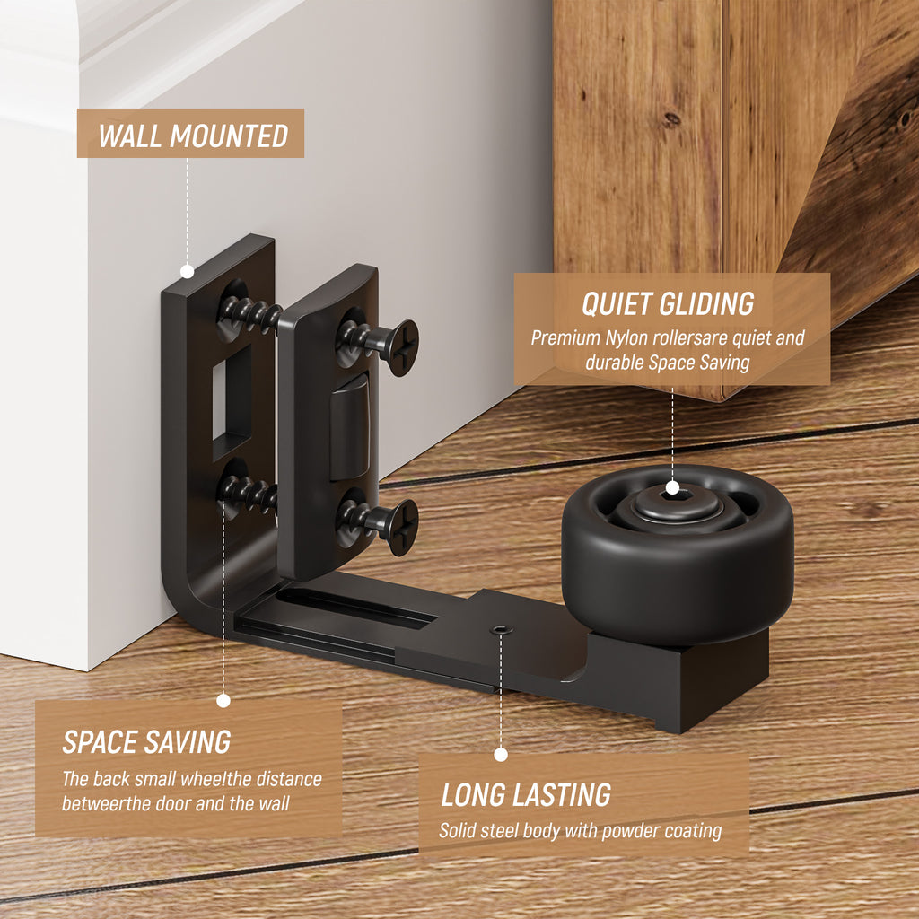 FLYVLIEG Adjustable Sliding Barn Door Floor Guide - Dual Roller System for Smooth Gliding - Wall Mount Hardware 1 Black