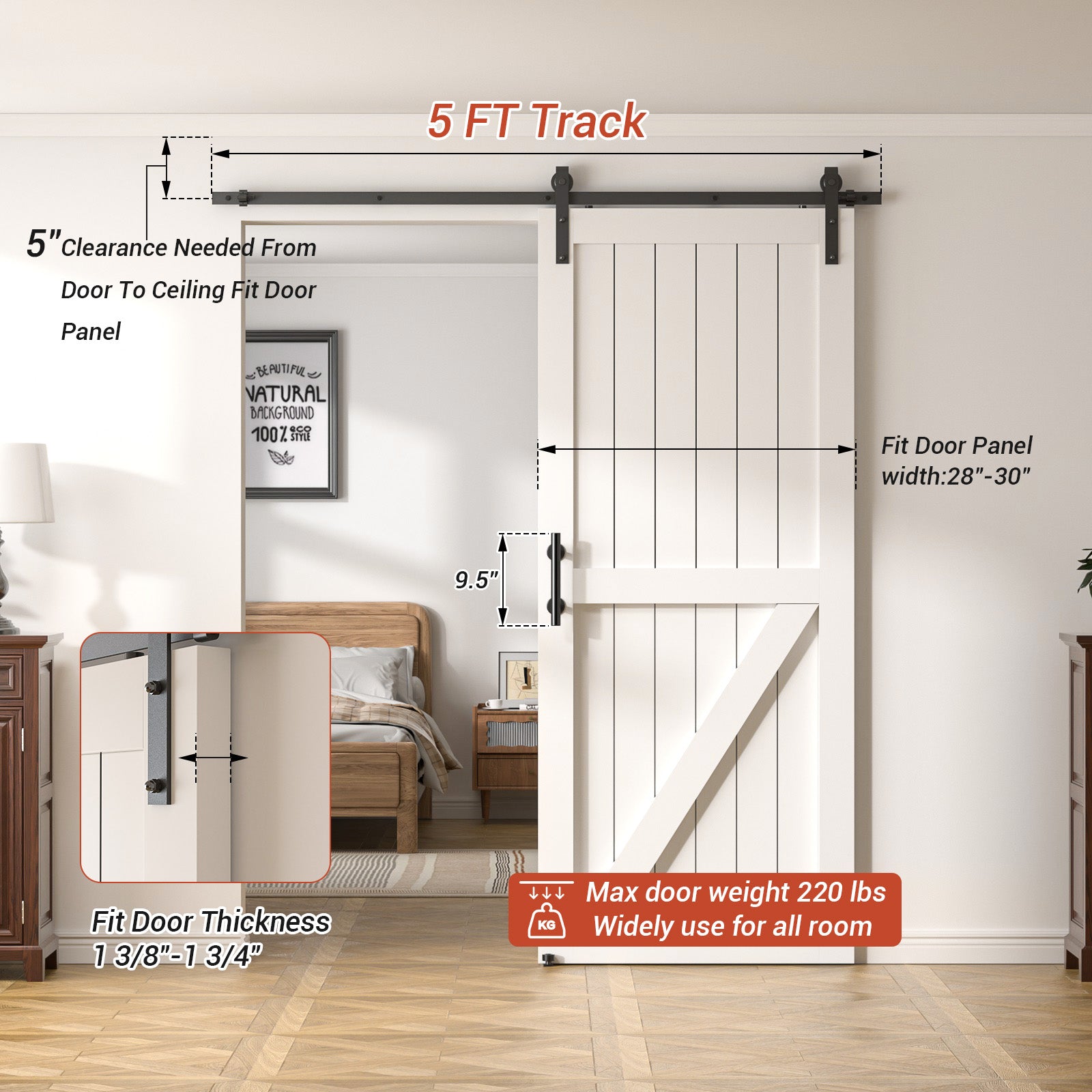 5FT Heavy Duty Sliding Barn Door Hardware Kit（1x Floor Guide&1x Pull Handle Set &5FT Track Kit for 28"~30" Wide Single Door）,Smoothly Quietly,Easy Install (No Door)