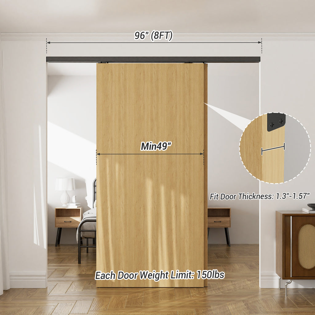 FLYVLIEG 96"/8FT Heavy Duty Bypass Door Hardware with Soft Close Mechanism, Aluminum Sliding Closet Door Track Kit for 2 Door System,Slide Smoothly and Quietly,Fit Doors Thickness 1 3/8" or 1 3/4"