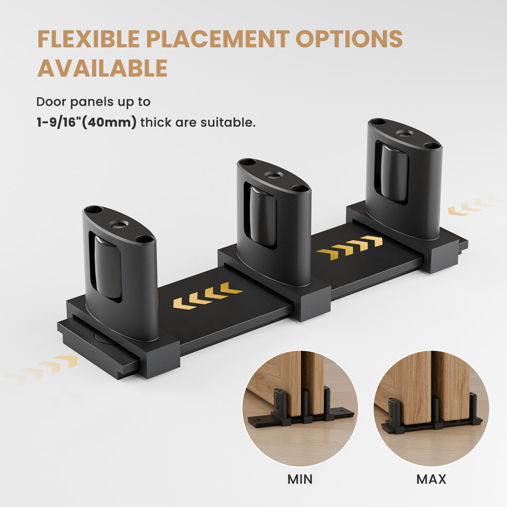 Sliding Closet Door Floor Guide for Double Bypass Door, Barn Door Bottom Guide, Adjustable 3-Roller Design, Easy Install, Black