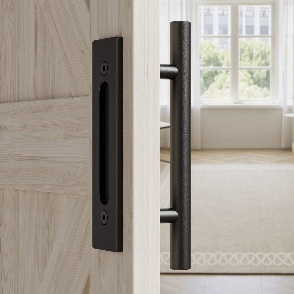 FLYVLIEG 9.45"/24cm Heavy Duty Pull and Flush Door Handle Set in Black, Sliding Barn Door Handle Fit Doors Up to 2 3/8''