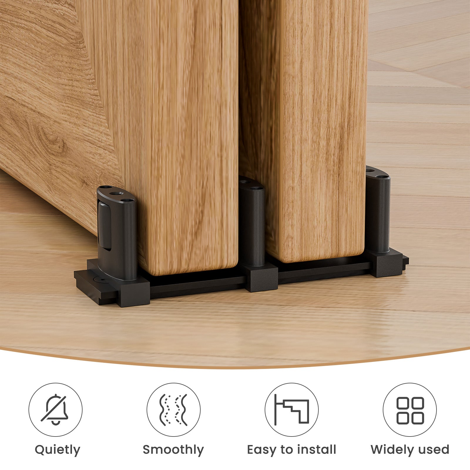 Sliding Closet Door Floor Guide for Double Bypass Door, Barn Door Bottom Guide, Adjustable 3-Roller Design, Easy Install, Black