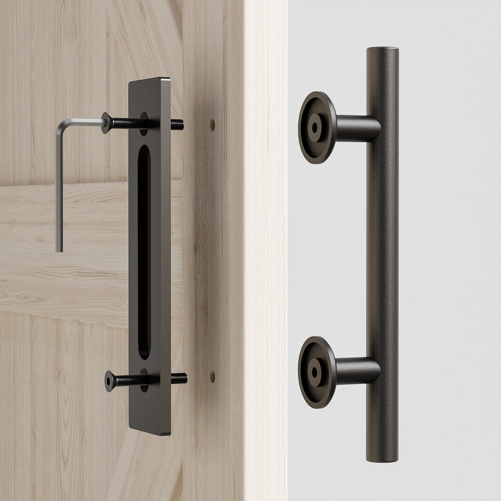 FLYVLIEG 12"/30cm Heavy Duty Pull and Flush Door Handle Set in Black, Sliding Barn Door Handle Fit Doors Up to 2 3/8''