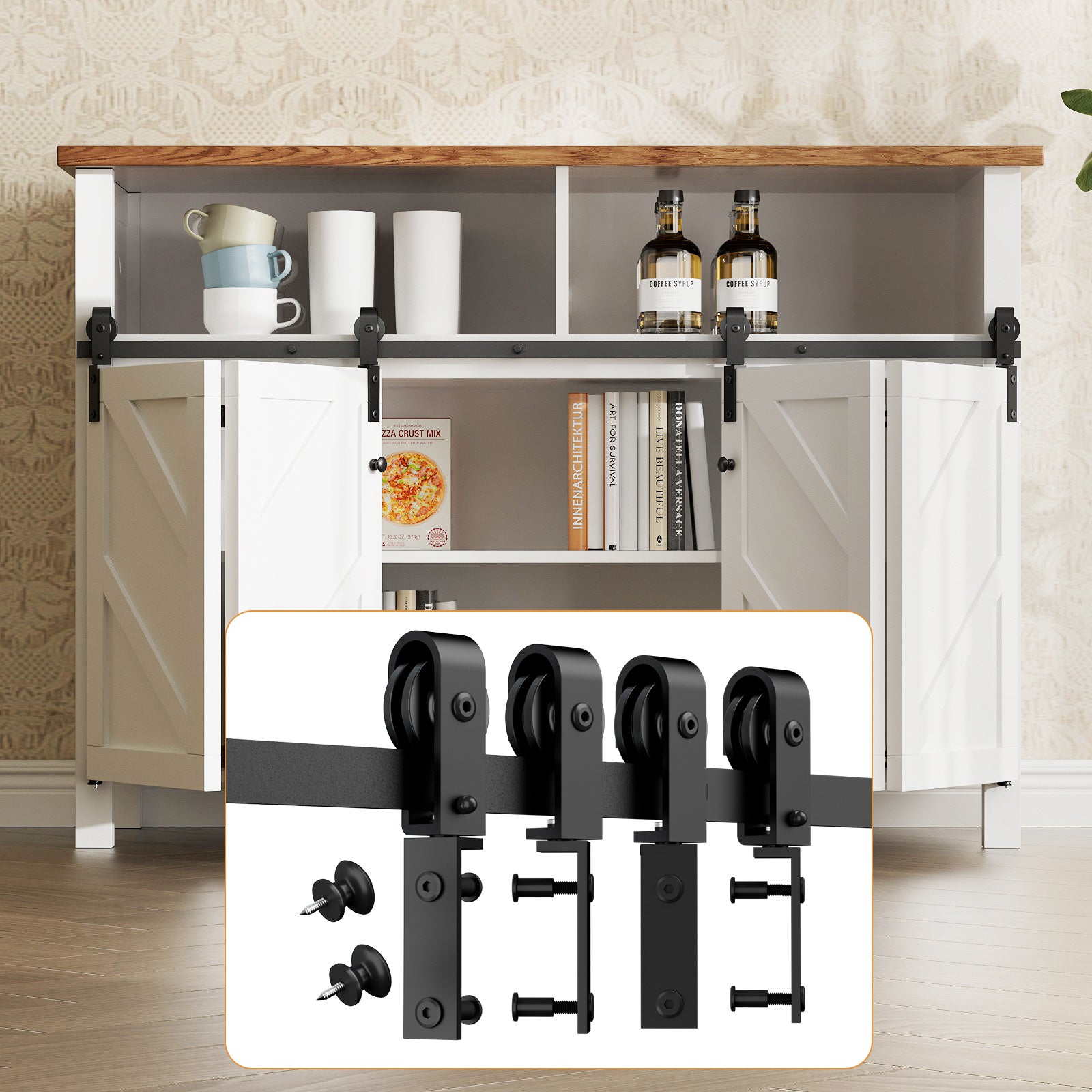 Upgraded 6FT Mini Folding Sliding Barn Door Hardware Kit for 4 Doors,Easy Install,Slide Smoothly Quietly,Small Cabinet Barn Door Hardware Track Kit for TV Stand, Cupboards, Wardrobes(No Cabinet)