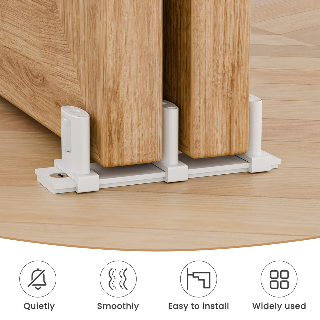 FLYVLIEG Sliding Closet Door Floor Guide for Double Bypass Door, Barn Door Bottom Guide, Adjustable 3-Roller Design, Easy Install, White