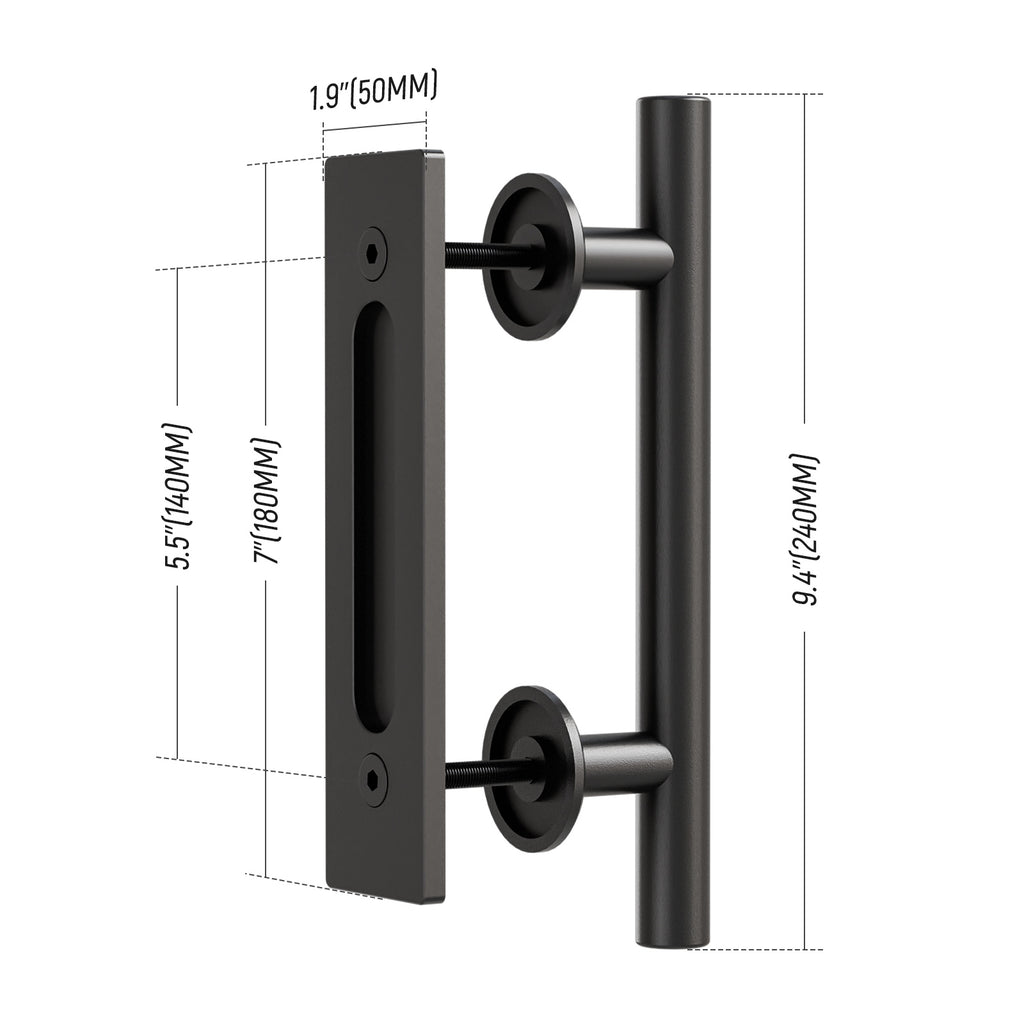 FLYVLIEG 9.45"/24cm Heavy Duty Pull and Flush Door Handle Set in Black, Sliding Barn Door Handle Fit Doors Up to 2 3/8''
