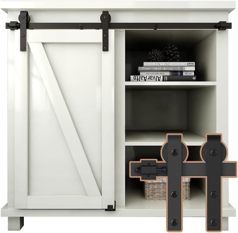 3FT Super Mini Sliding Barn Door Hardware Kit for Single Door TV Stands Small Cabinets, J-Shaped Hanger (No Cabinet)