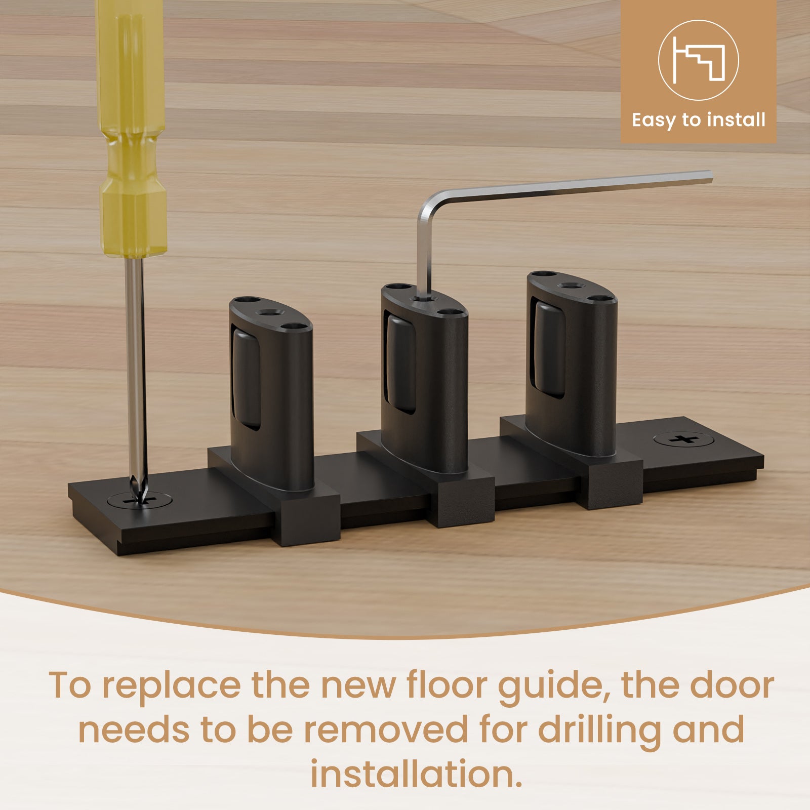 Sliding Closet Door Floor Guide for Double Bypass Door, Barn Door Bottom Guide, Adjustable 3-Roller Design, Easy Install, Black