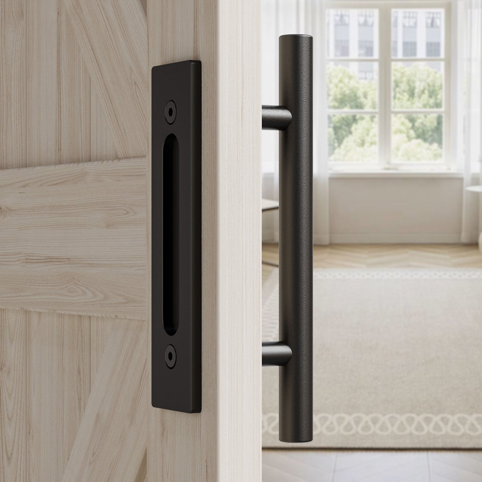 FLYVLIEG 12"/30cm Heavy Duty Pull and Flush Door Handle Set in Black, Sliding Barn Door Handle Fit Doors Up to 2 3/8''