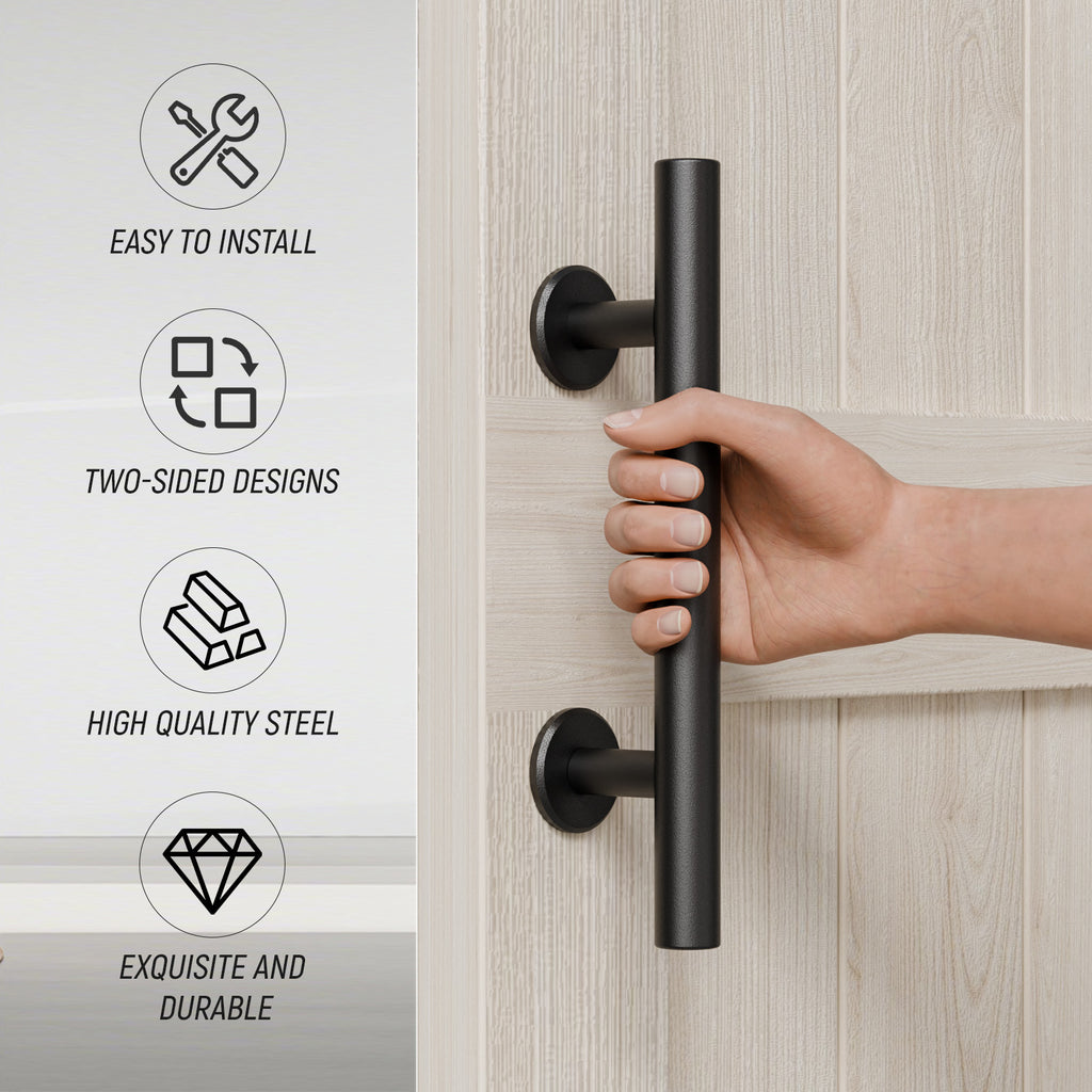 FLYVLIEG 9.45"/24cm Heavy Duty Pull and Flush Door Handle Set in Black, Sliding Barn Door Handle Fit Doors Up to 2 3/8''