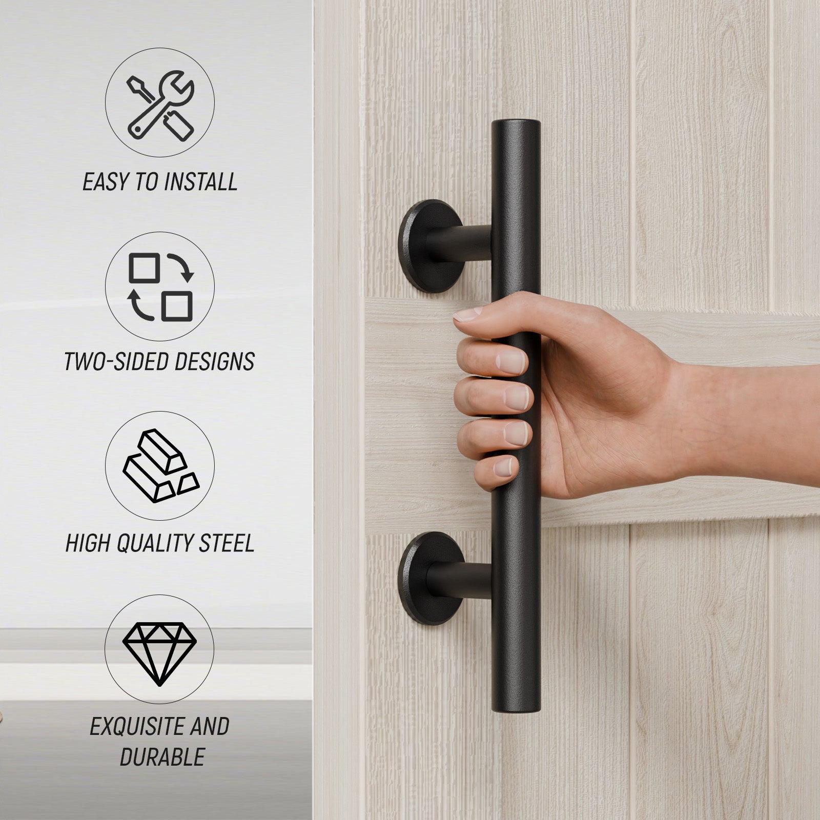 FLYVLIEG 9.45"/24cm Heavy Duty Pull and Flush Door Handle Set in Black, Sliding Barn Door Handle Fit Doors Up to 2 3/8''