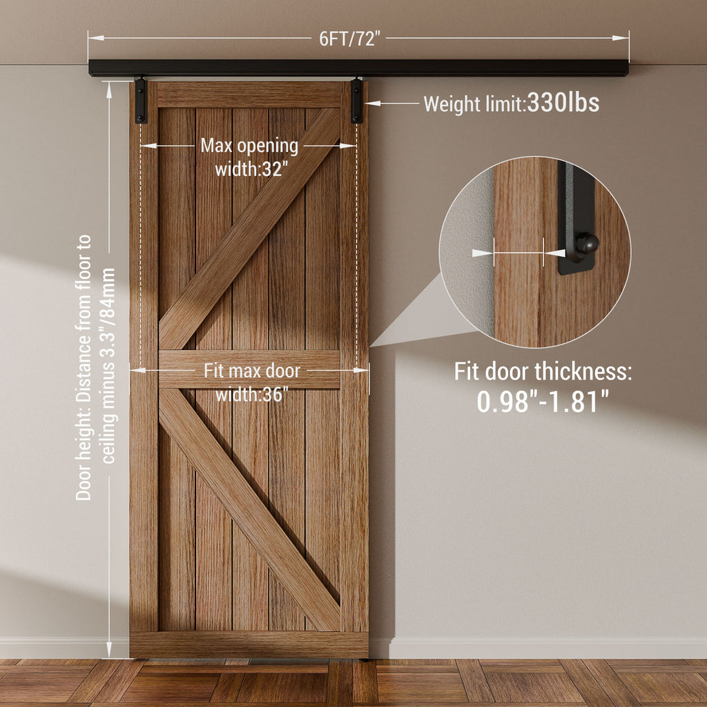 6FT Ceiling Mount Box Rail Barn Door Hardware Heavy Duty Sliding Barn Door Track Kit for Single Door, Aluminum Alloy, Easy Install (No Door)