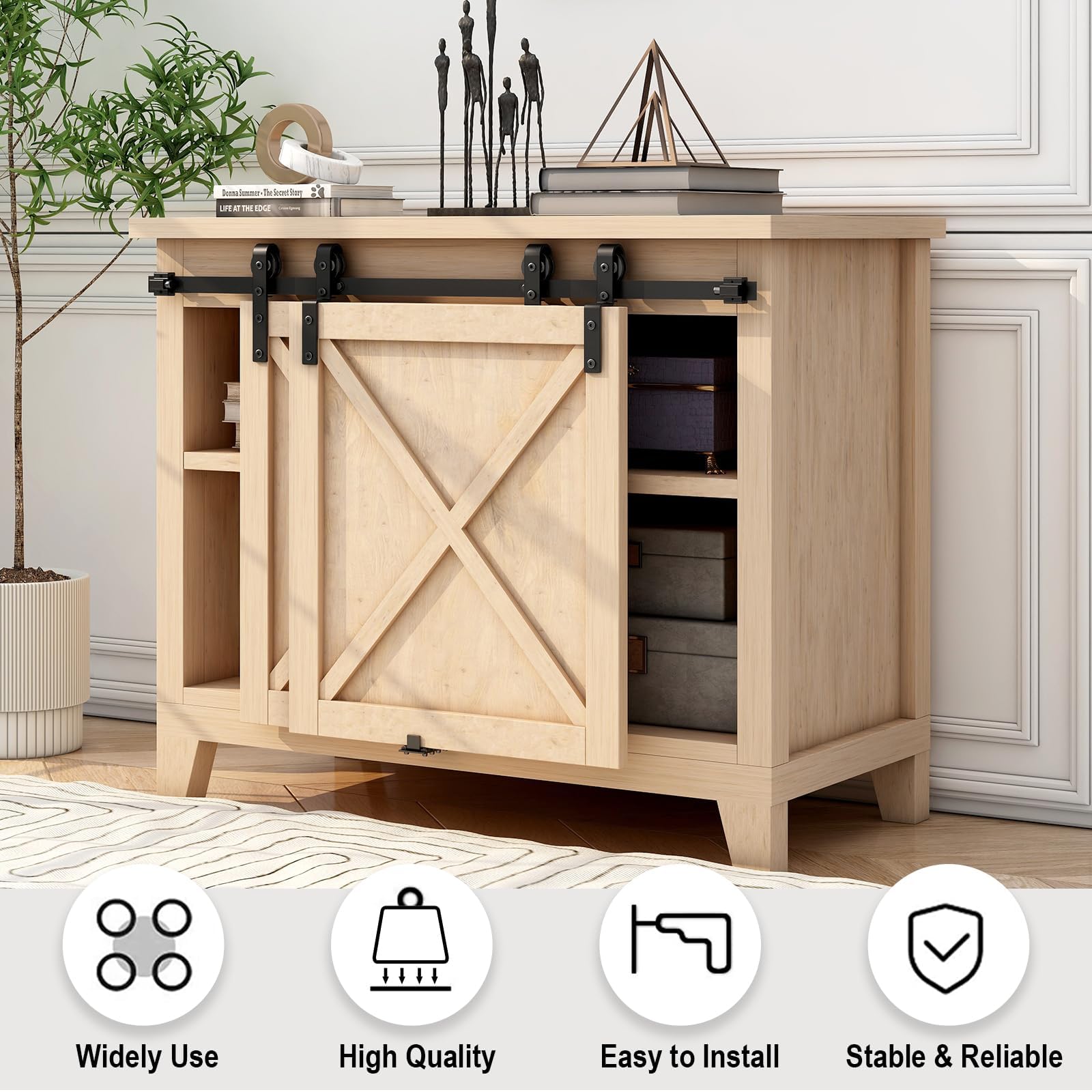 3.5FT Mini Bypass Barn Door Hardware Kit for 2 Doors, Small Cabinet Barn Door Hardware Track Kit for Cabinet, TV Stand, Cupboard (No Cabinet)