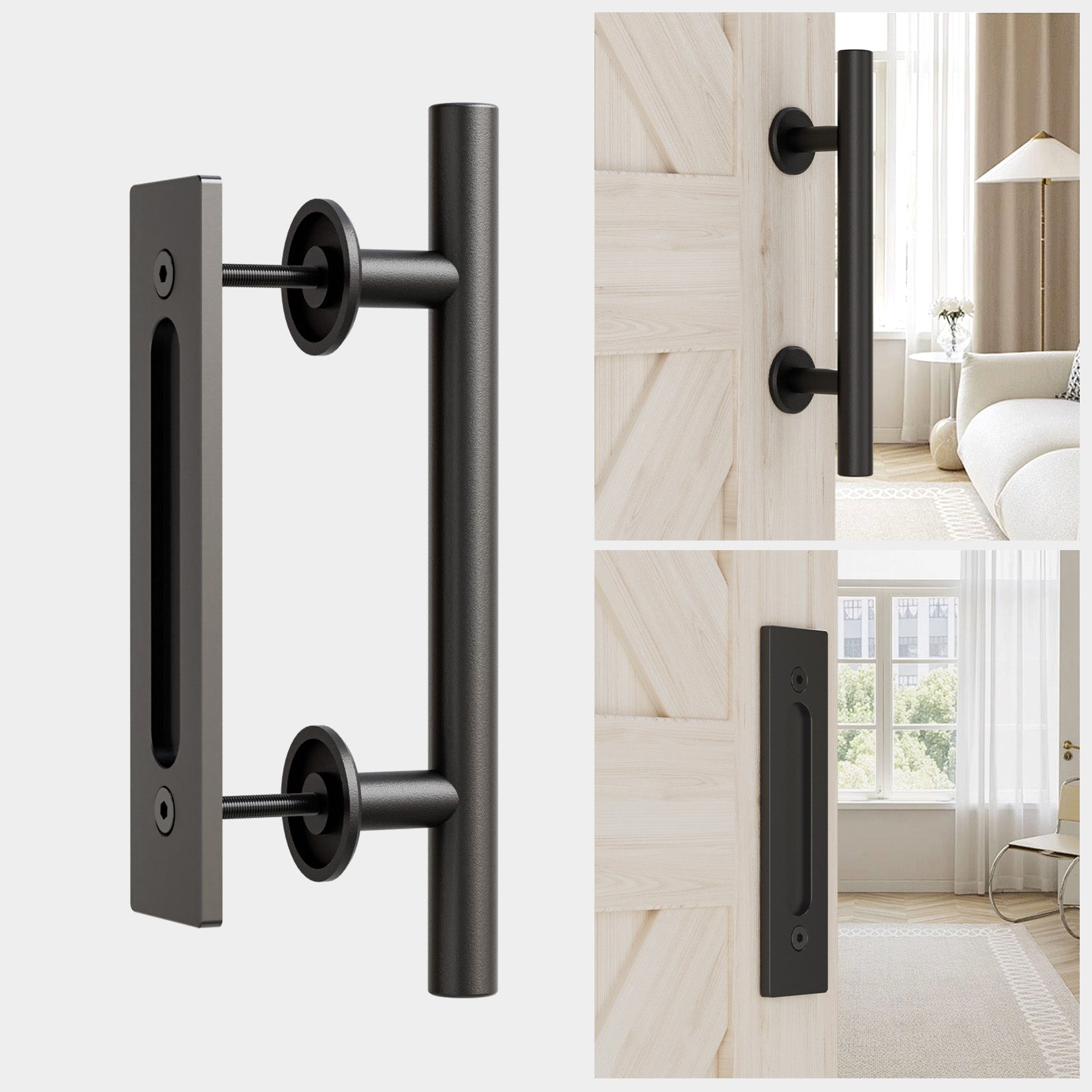 FLYVLIEG 12"/30cm Heavy Duty Pull and Flush Door Handle Set in Black, Sliding Barn Door Handle Fit Doors Up to 2 3/8''