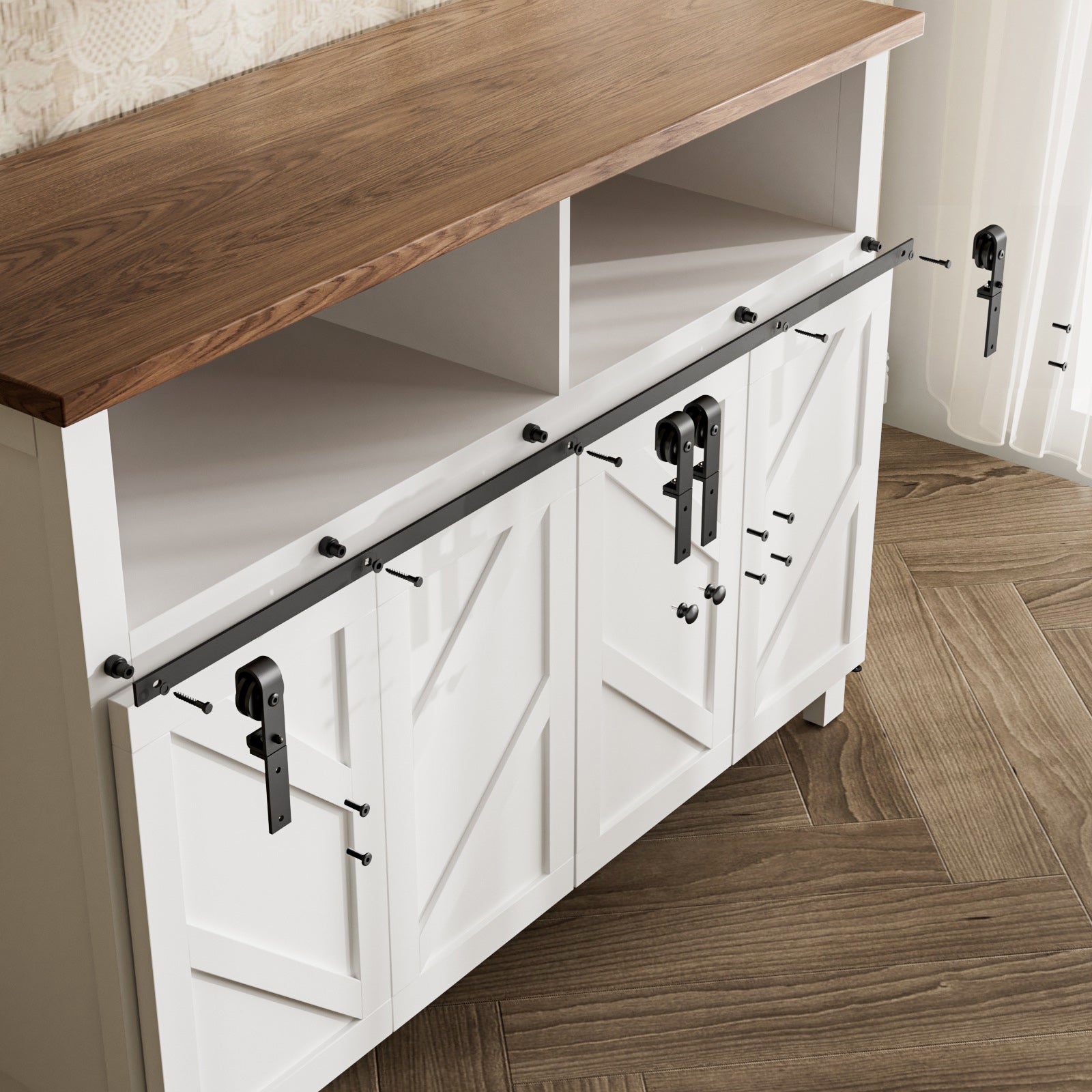 Upgraded 5FT Mini Folding Sliding Barn Door Hardware Kit for 4 Doors,Easy Install,Slide Smoothly Quietly,Small Cabinet Barn Door Hardware Track Kit for TV Stand, Cupboards,Wardrobes(No Cabinet)