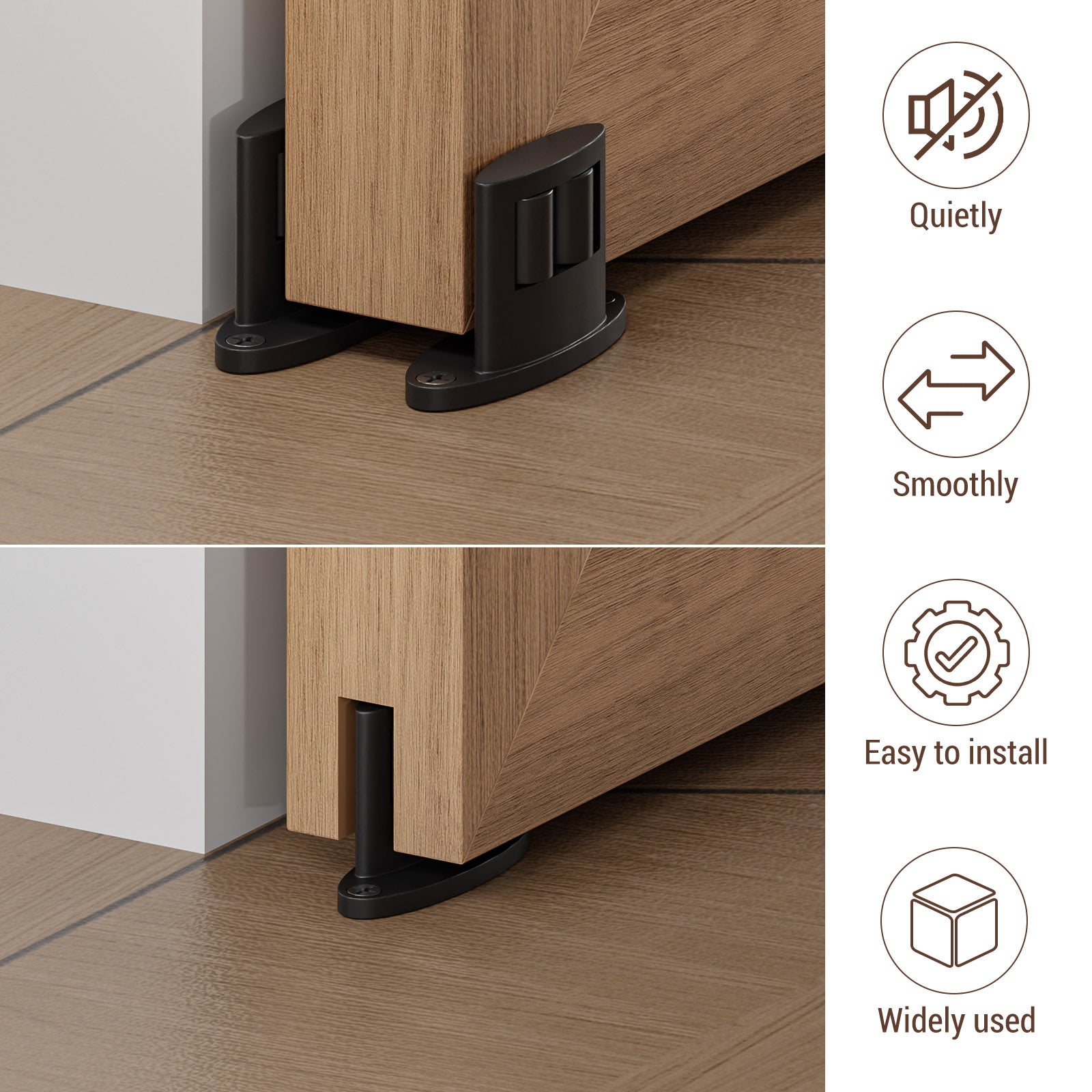 Sliding Barn Door Floor Guide Bottom, Double-Sided Roller Design, Smoothly and Quietly, Easy Install, Black (2 Packs)