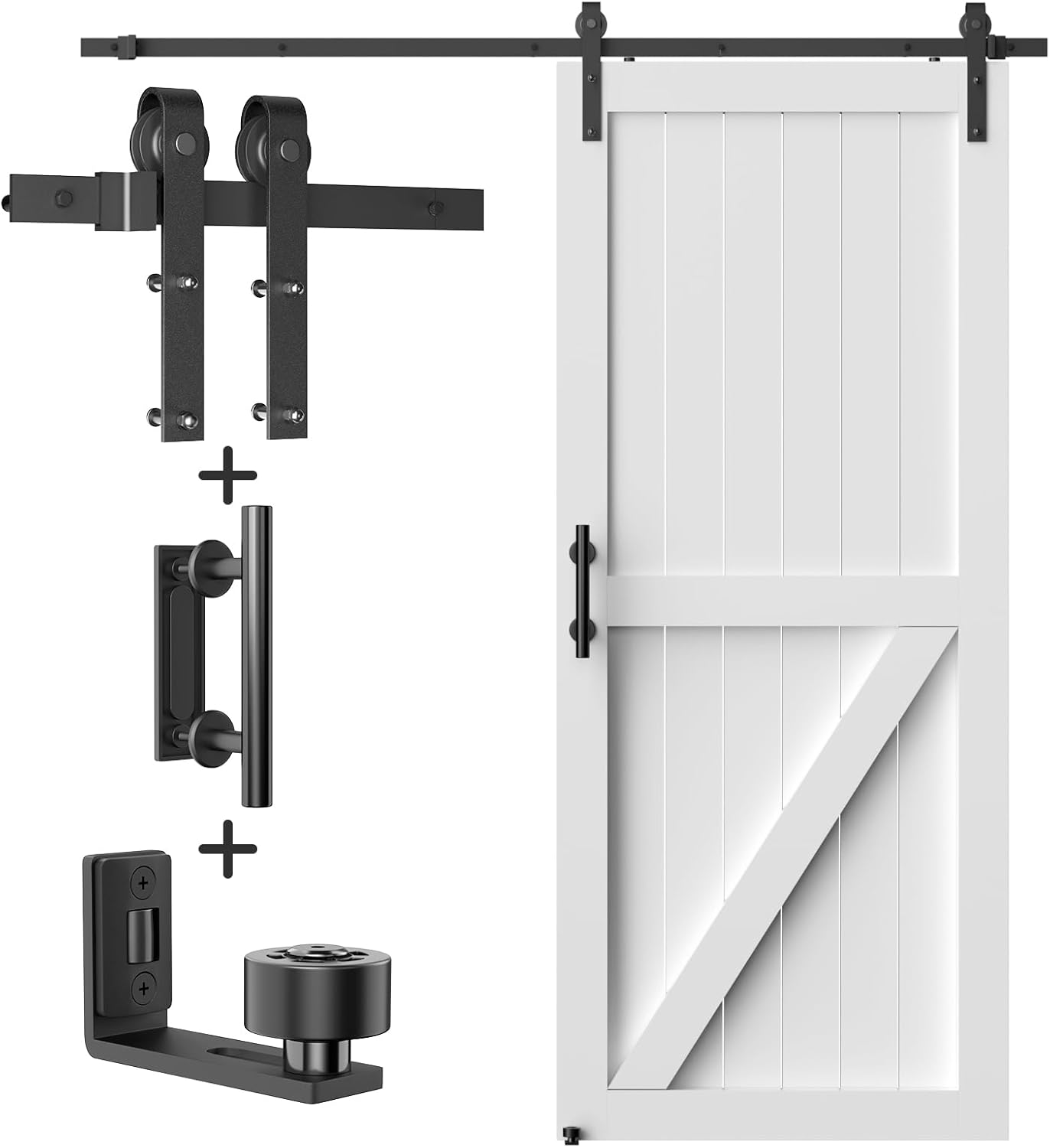 8FT Barn Door Hardware Kit – Includes J-Roller with Handles & Floor Guide, Smooth, Quiet & Easy DIY Install