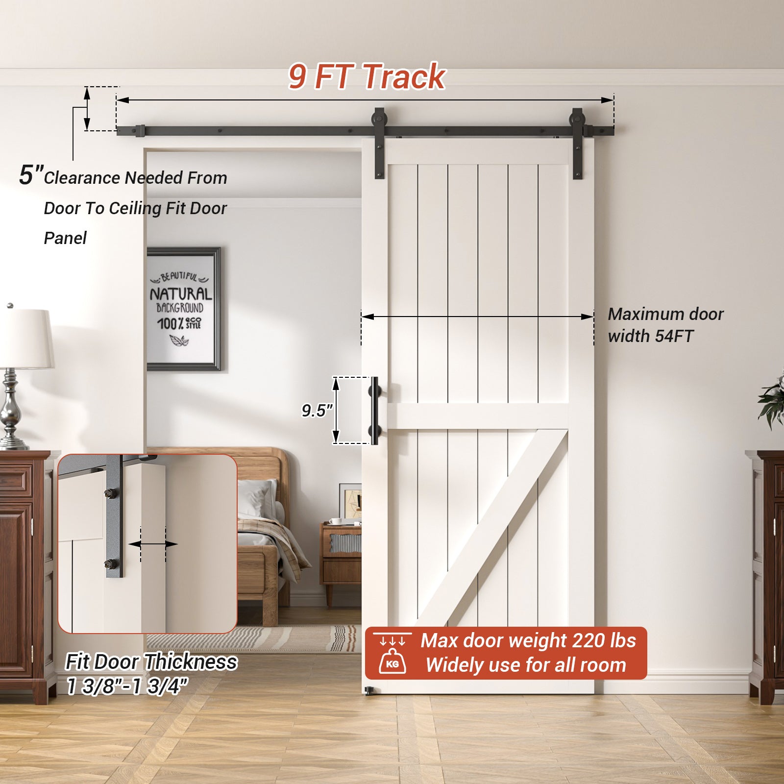 9FT Barn Door Hardware Kit – Includes J-Roller with Handles & Floor Guide, Smooth, Quiet & Easy DIY Install