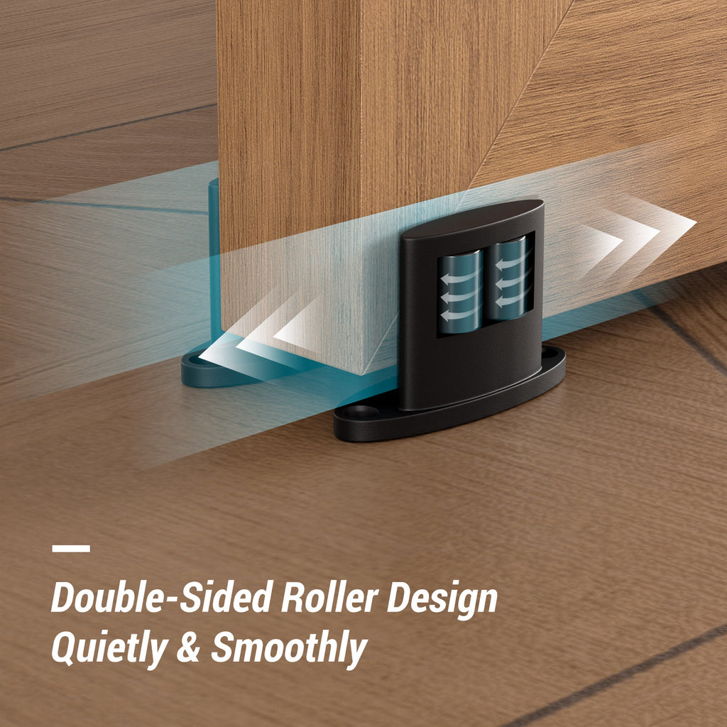 Sliding Barn Door Floor Guide Bottom, Double-Sided Roller Design, Smoothly and Quietly, Easy Install, Black (4 Packs)