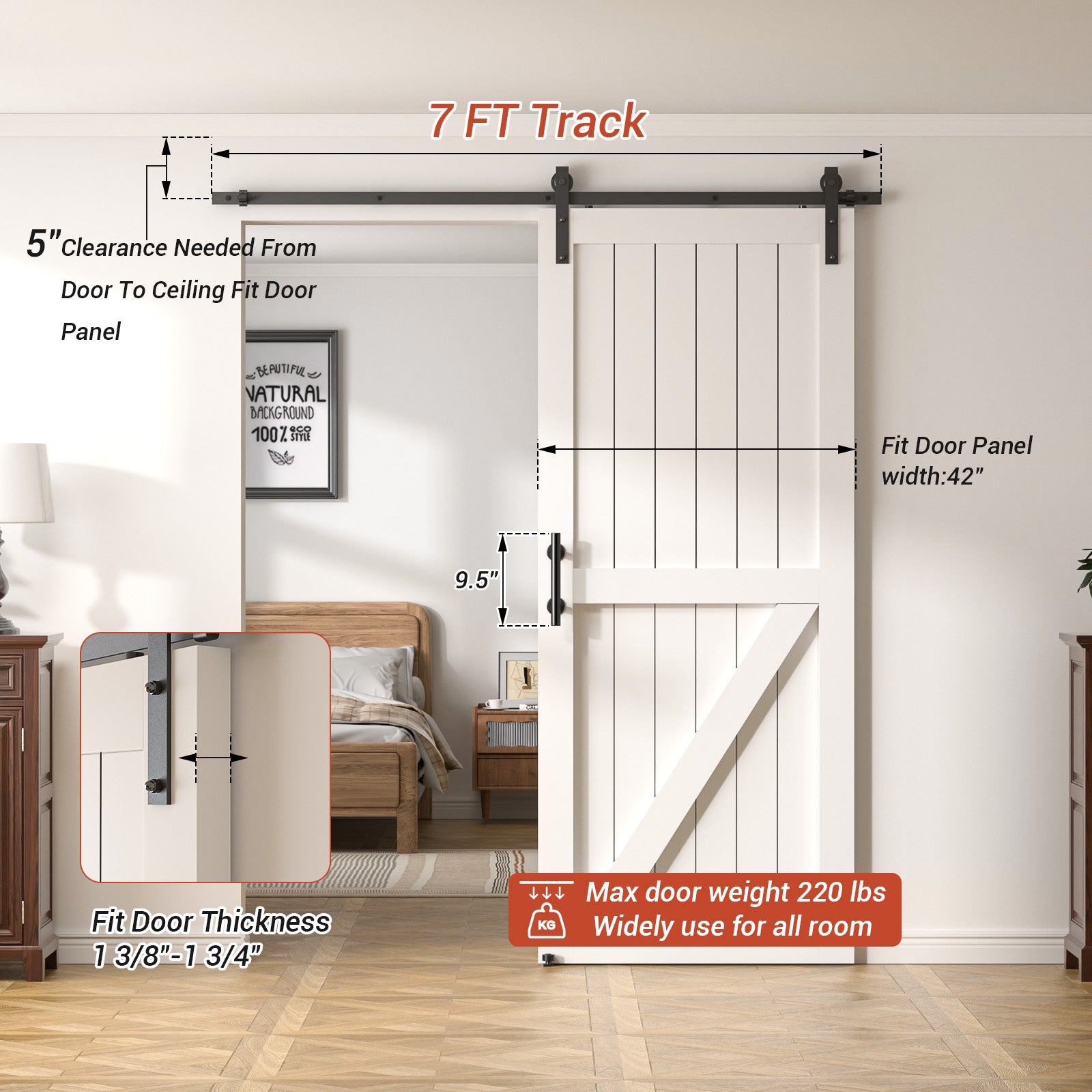 7FT Heavy Duty Sliding Barn Door Hardware Kit（1x Floor Guide&1x Pull Handle Set &5FT Track Kit for 42" Wide Single Door）,Smoothly Quietly,Easy Install (No Door)