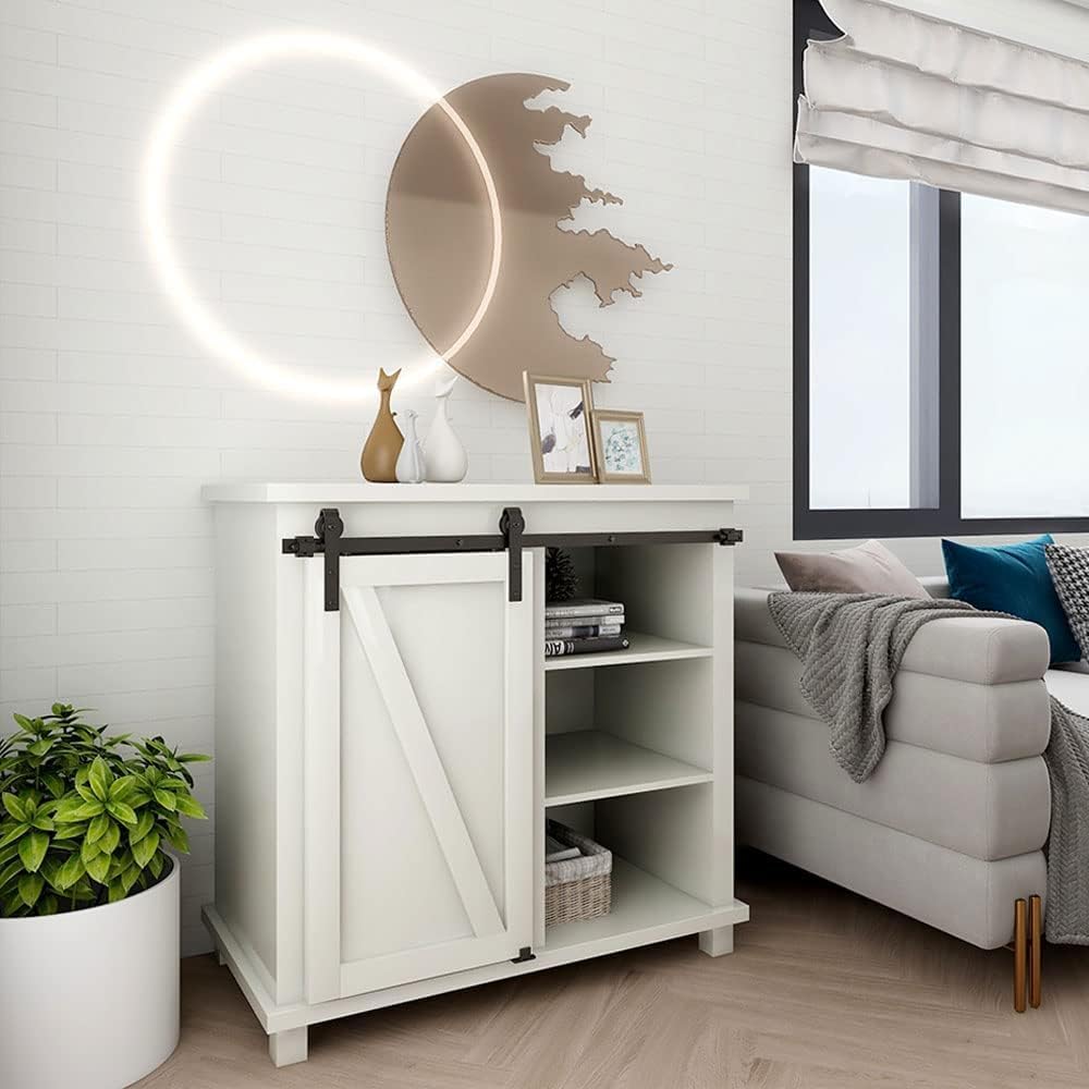 4FT Super Mini Sliding Barn Door Hardware Kit for Single Door TV Stands Small Cabinets, J-Shaped Hanger (No Cabinet)