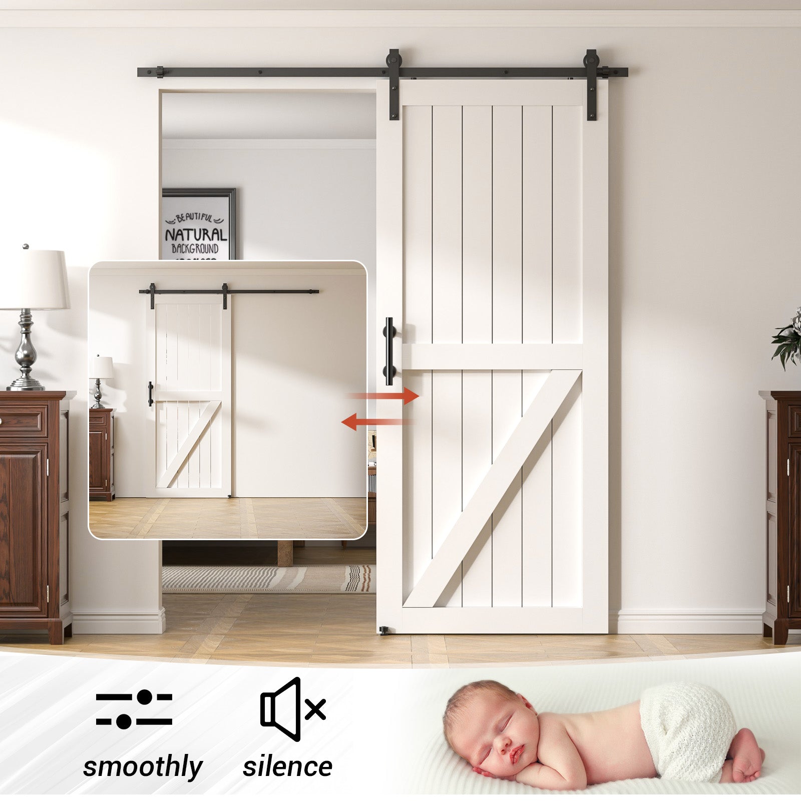 6.6FT Heavy Duty Sliding Barn Door Hardware Kit（1x Floor Guide&1x Pull Handle Set &5FT Track Kit for 36"~40" Wide Single Door）,Smoothly Quietly,Easy Install (No Door)