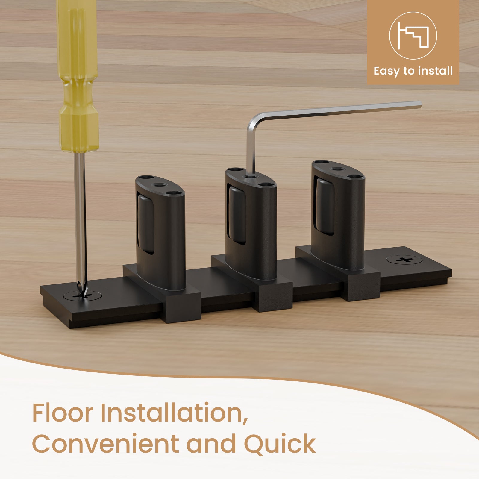 Sliding Closet Door Floor Guide for Double Bypass Door, Barn Door Bottom Guide, Adjustable 3-Roller Design, Easy Install, Black