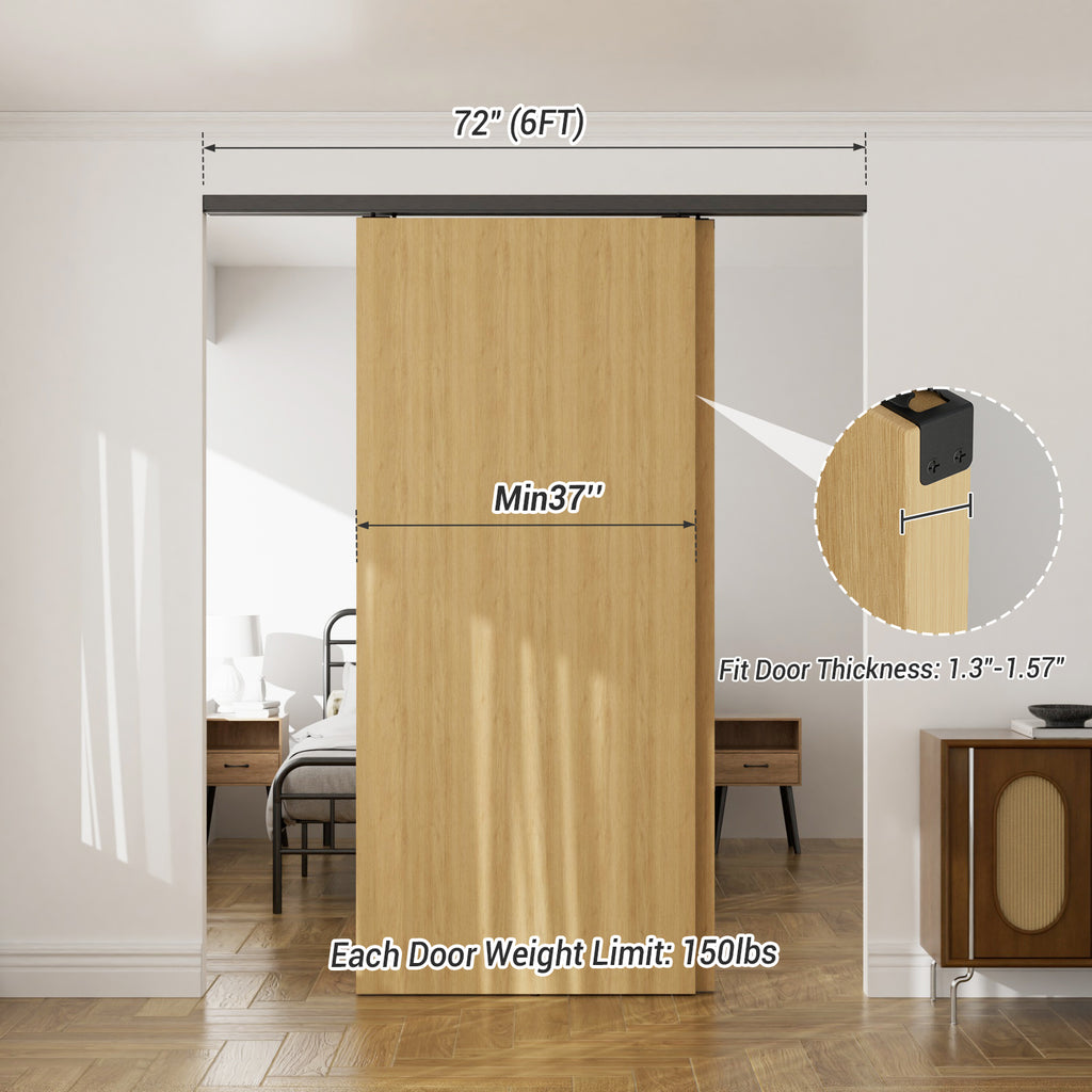 72"/6FT Heavy Duty Bypass Door Hardware with Soft Close Mechanism, Aluminum Sliding Closet Door Track Kit for 2 Doors System,Slide Smoothly and Quietly,Fit Doors Thickness 1 3/8" or 1 3/4"