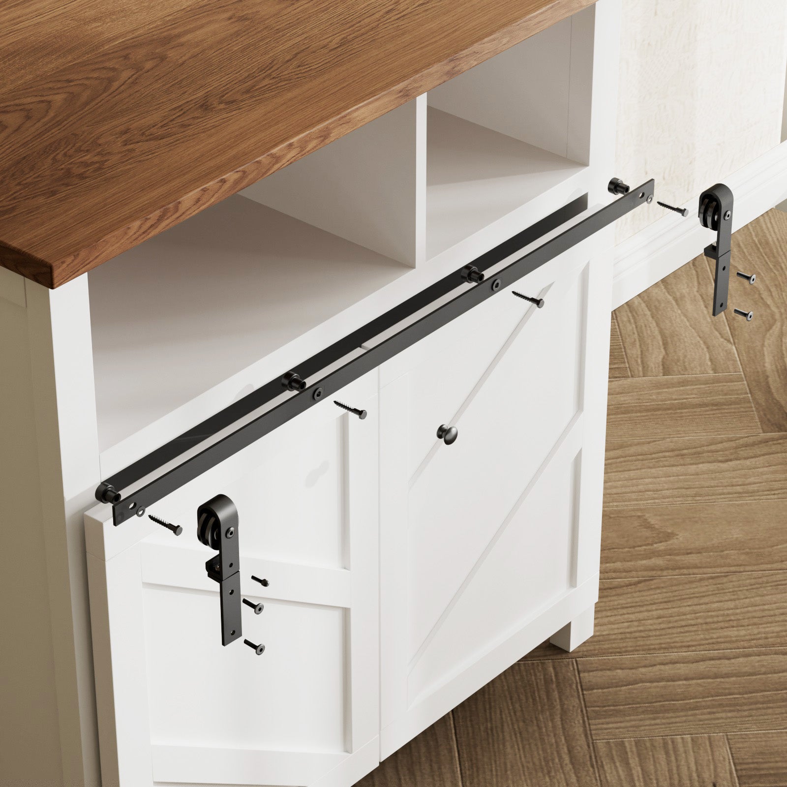 Upgraded 3.5FT Mini Folding Sliding Barn Door Hardware Kit for 2 Doors,Easy Install,Small Cabinet Barn Door Hardware Track Kit for TV Stand, Cupboards, Storage Cabinets(No Cabinet)