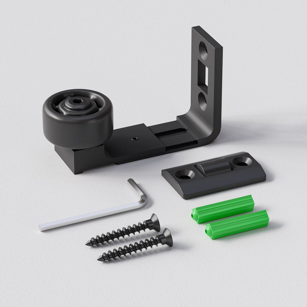 FLYVLIEG Adjustable Sliding Barn Door Floor Guide - Dual Roller System for Smooth Gliding - Wall Mount Hardware 1 Black