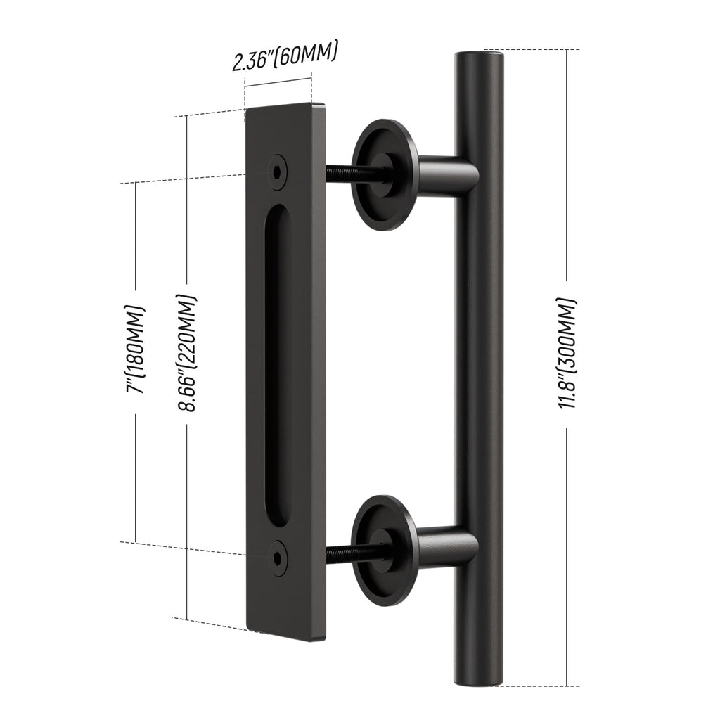 FLYVLIEG 12"/30cm Heavy Duty Pull and Flush Door Handle Set in Black, Sliding Barn Door Handle Fit Doors Up to 2 3/8''