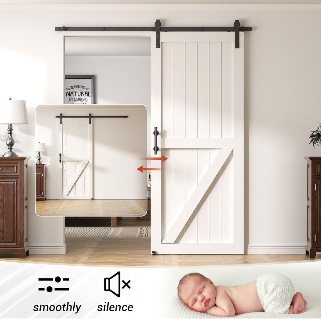 9FT Barn Door Hardware Kit – Includes J-Roller with Handles & Floor Guide, Smooth, Quiet & Easy DIY Install