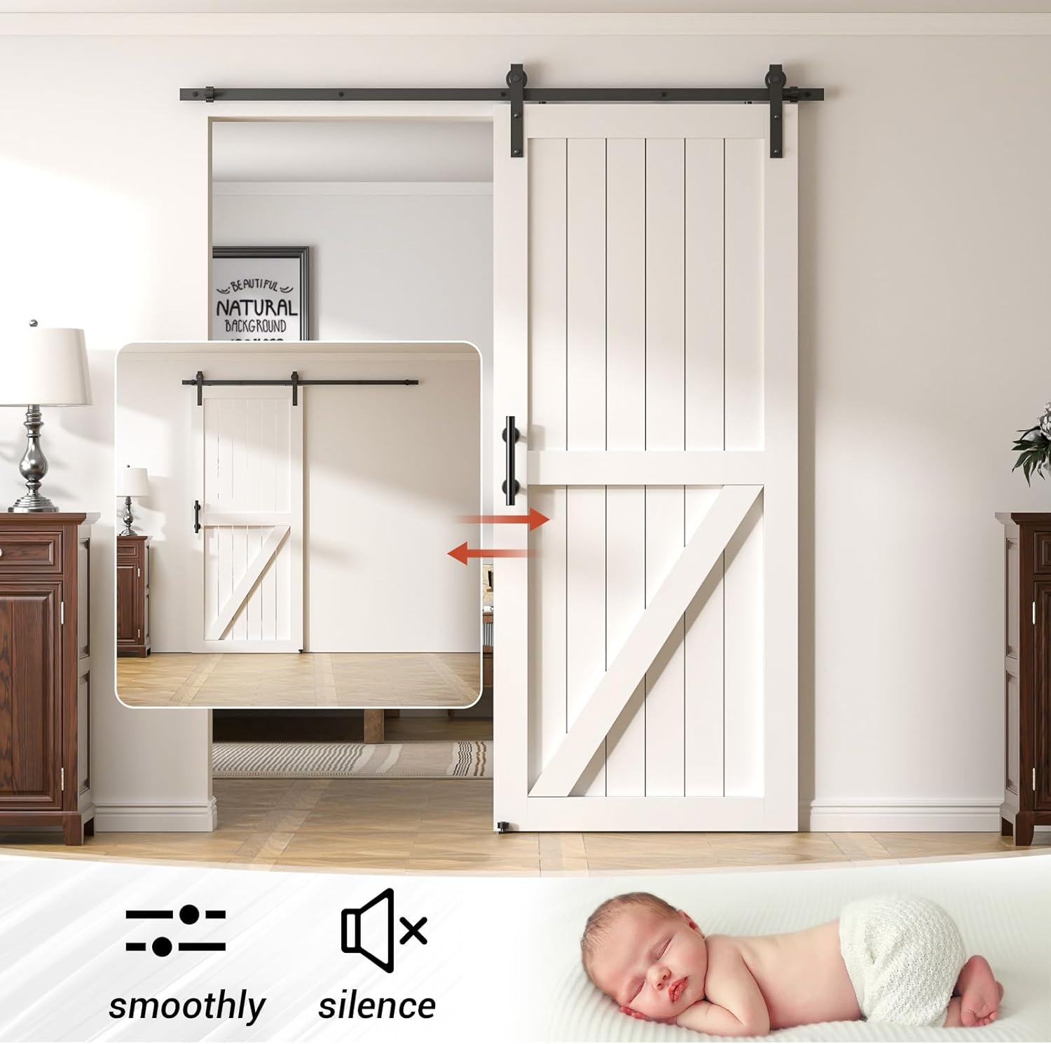 9FT Barn Door Hardware Kit – Includes J-Roller with Handles & Floor Guide, Smooth, Quiet & Easy DIY Install