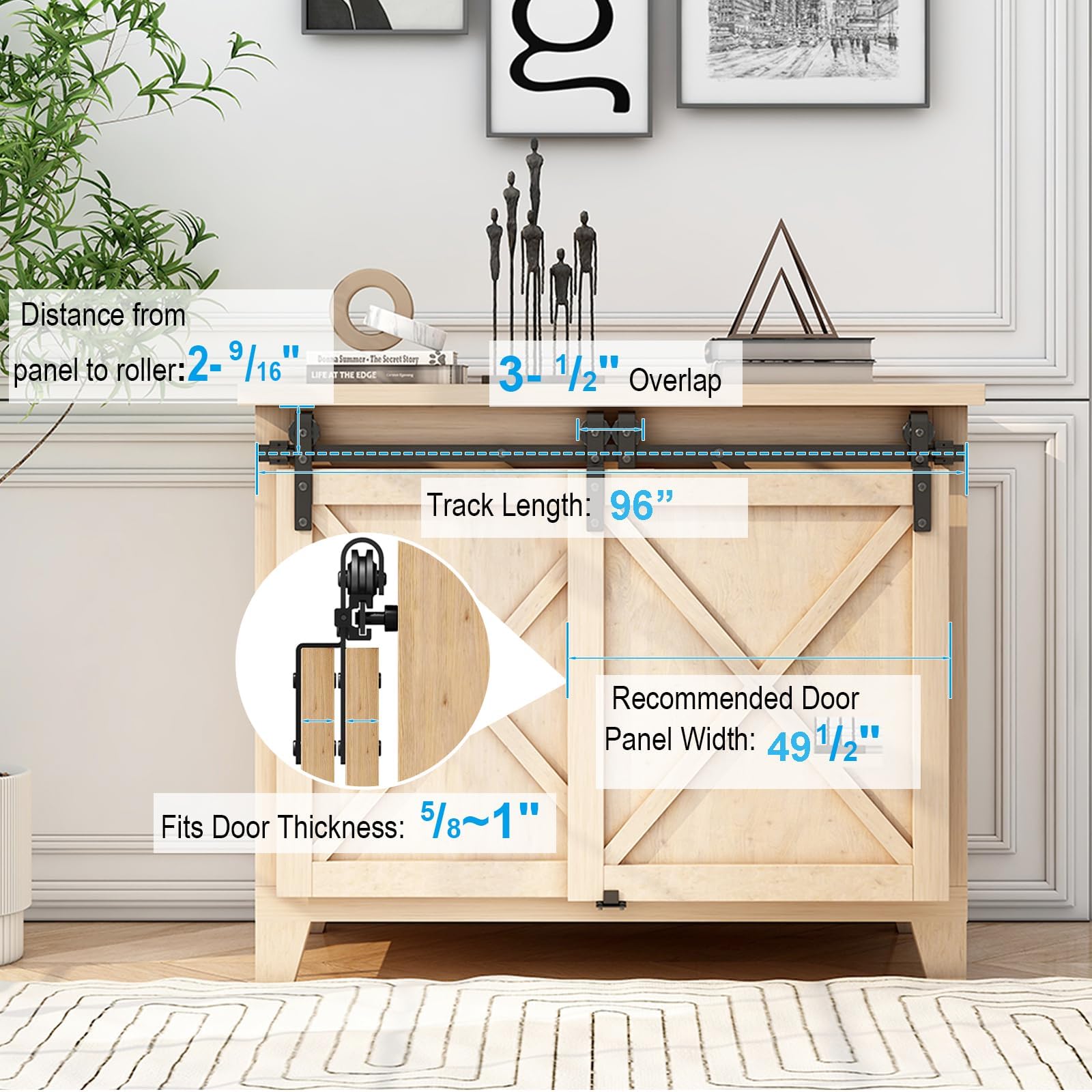 6FT Mini Bypass Barn Door Hardware Kit for 2 Doors, Small Cabinet Barn Door Hardware Track Kit for Cabinet, TV Stand, Cupboard (No Cabinet)