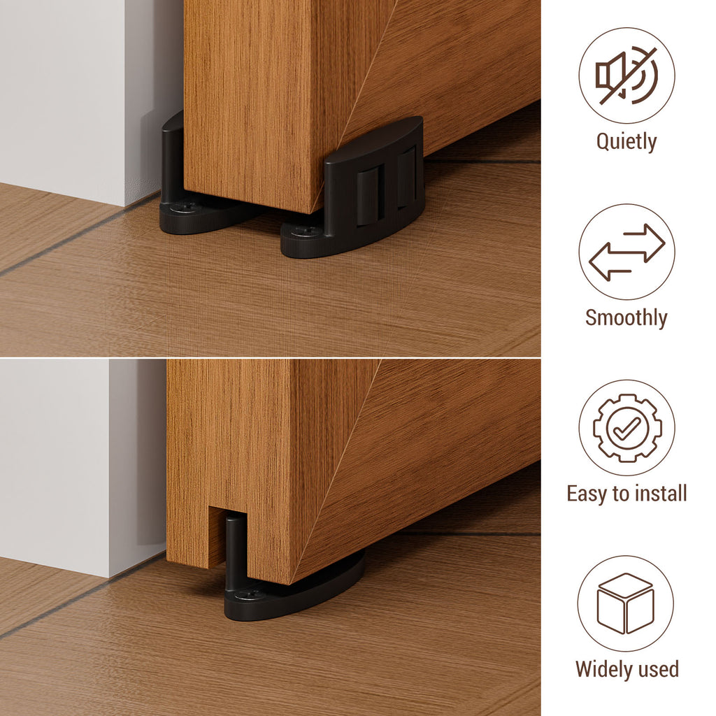 Sliding Barn Door Floor Guide Bottom, Double-Sided Roller Design, Smoothly and Quietly, Easy Install, Black (4 Packs)
