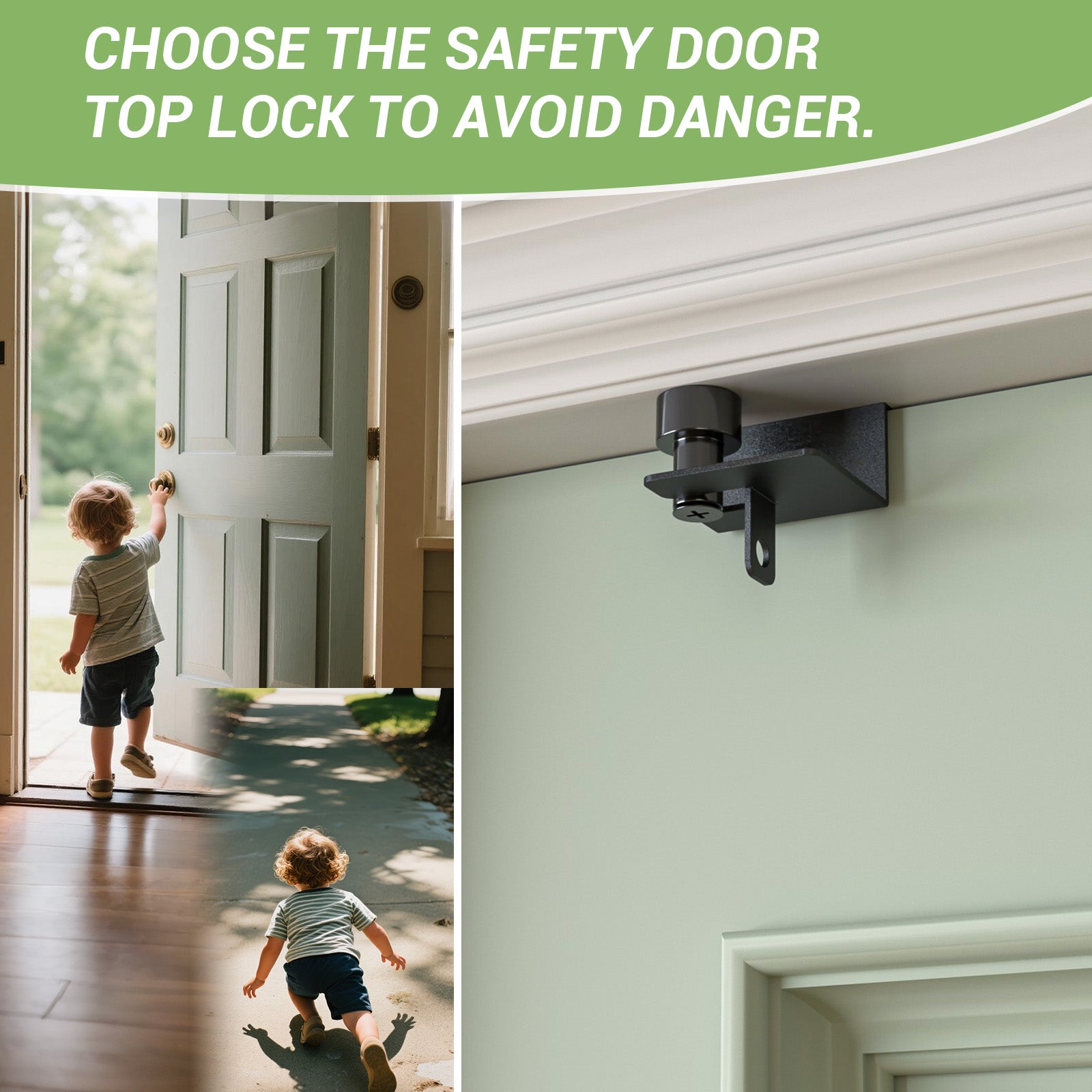 FLYVLIEG Child Proof Door Top Lock-Double Adjustable Roller, Scratch-Free Design, Solid and Safety, Black, 1 Pcs