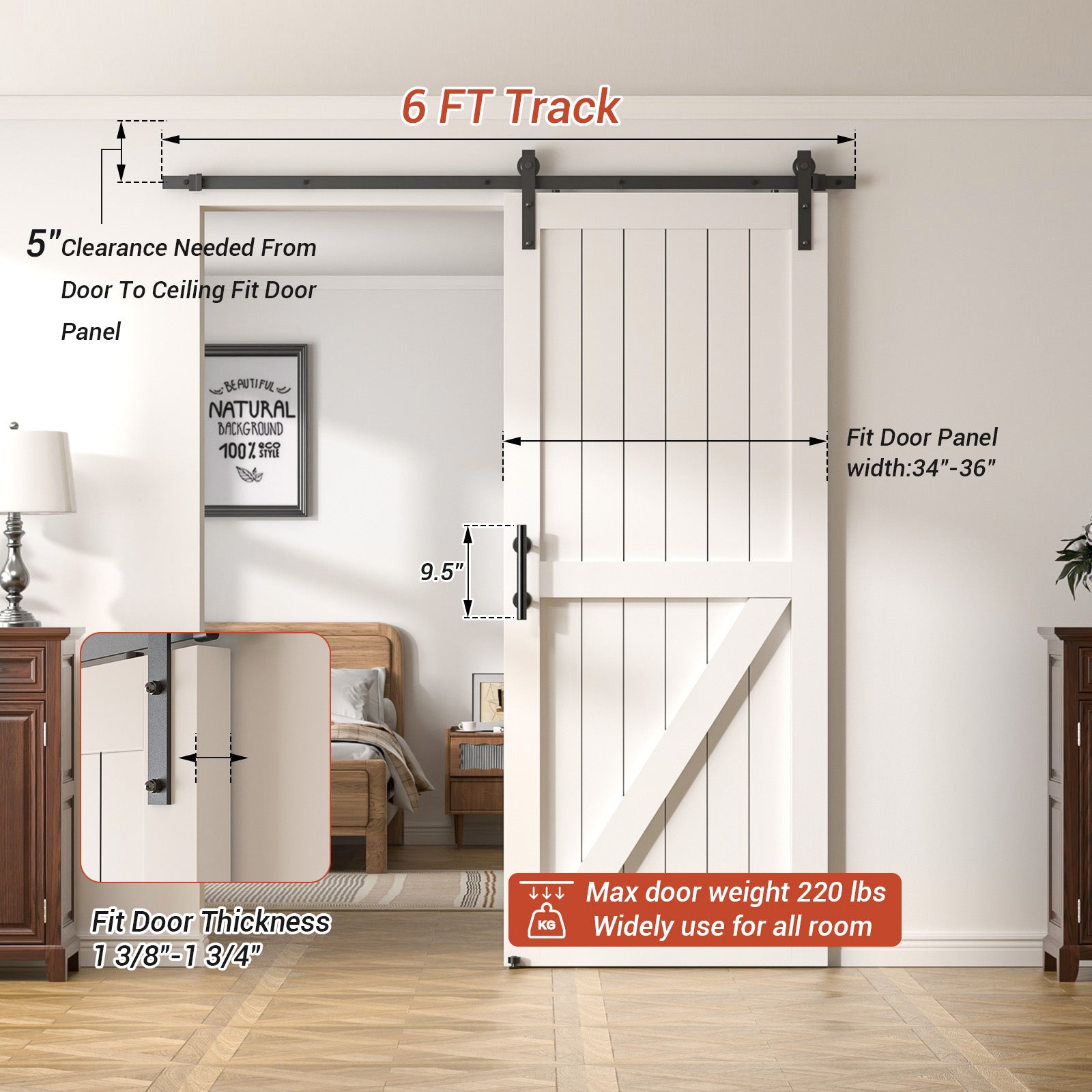 6FT Heavy Duty Sliding Barn Door Hardware Kit（1x Floor Guide&1x Pull Handle Set &5FT Track Kit for 34"~36" Wide Single Door）,Smoothly Quietly,Easy Install (No Door)