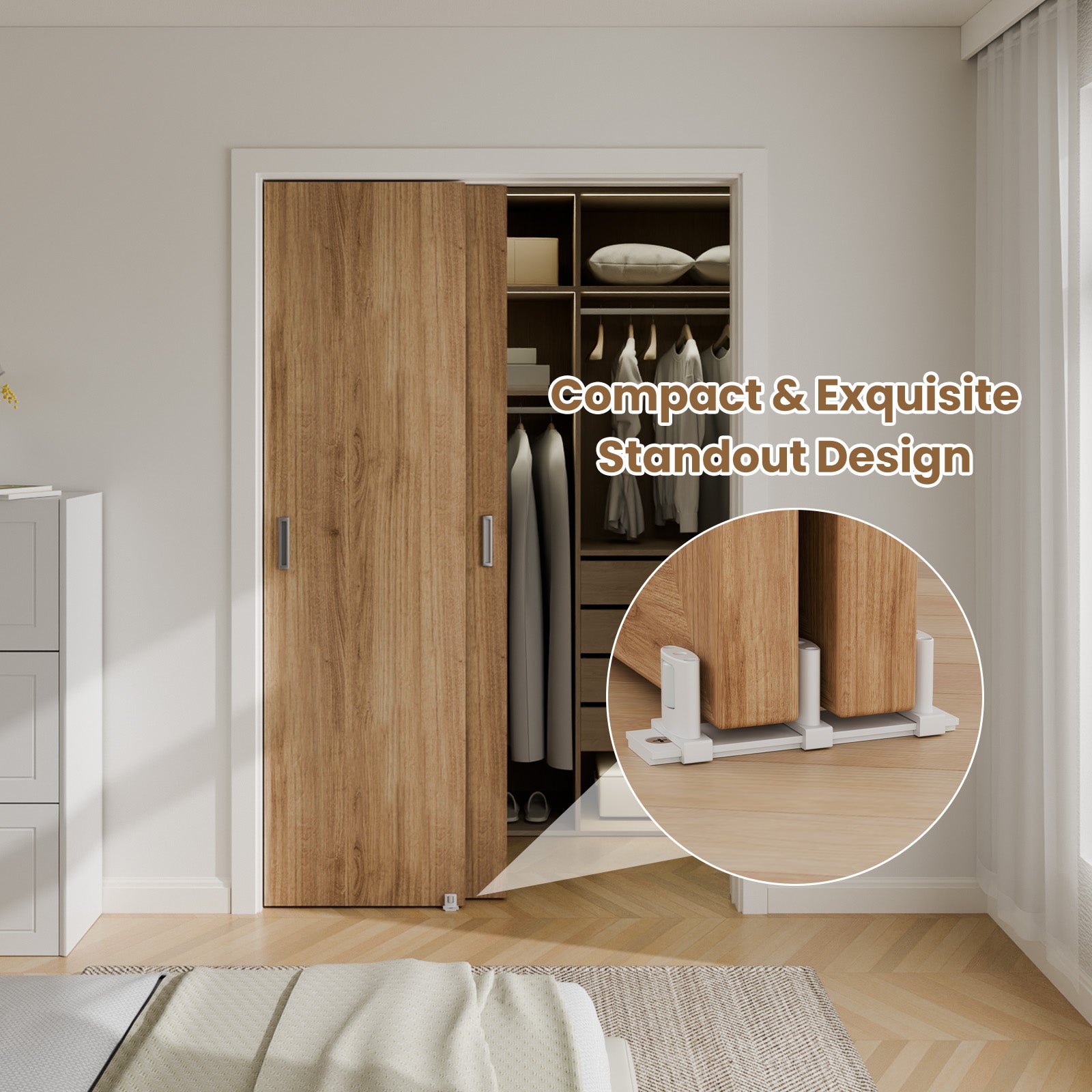 FLYVLIEG Sliding Closet Door Floor Guide for Double Bypass Door, Barn Door Bottom Guide, Adjustable 3-Roller Design, Easy Install, White