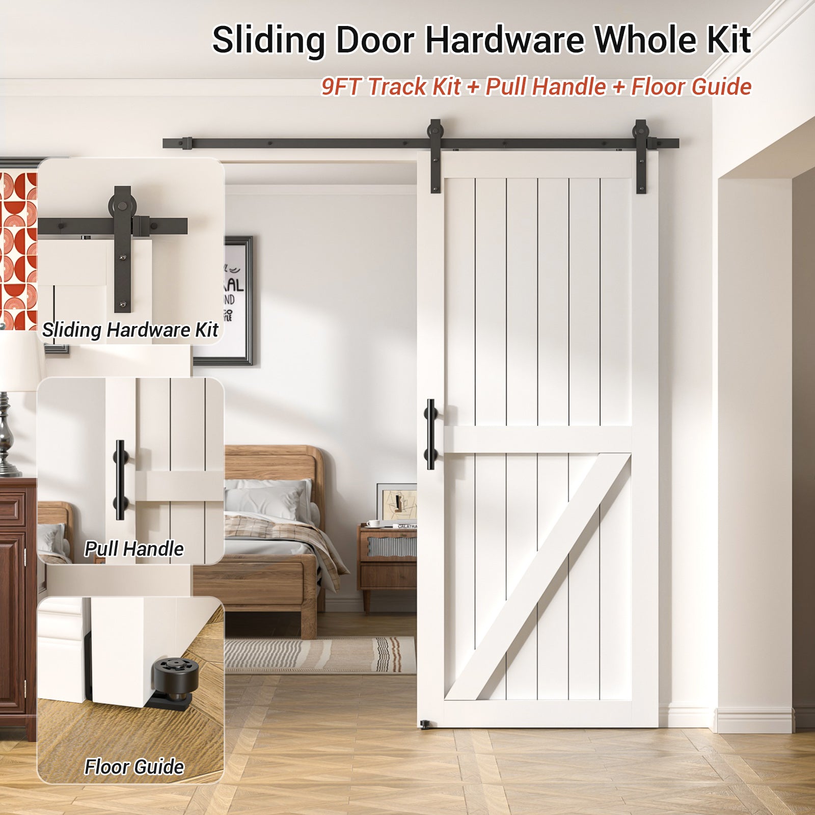 9FT Barn Door Hardware Kit – Includes J-Roller with Handles & Floor Guide, Smooth, Quiet & Easy DIY Install