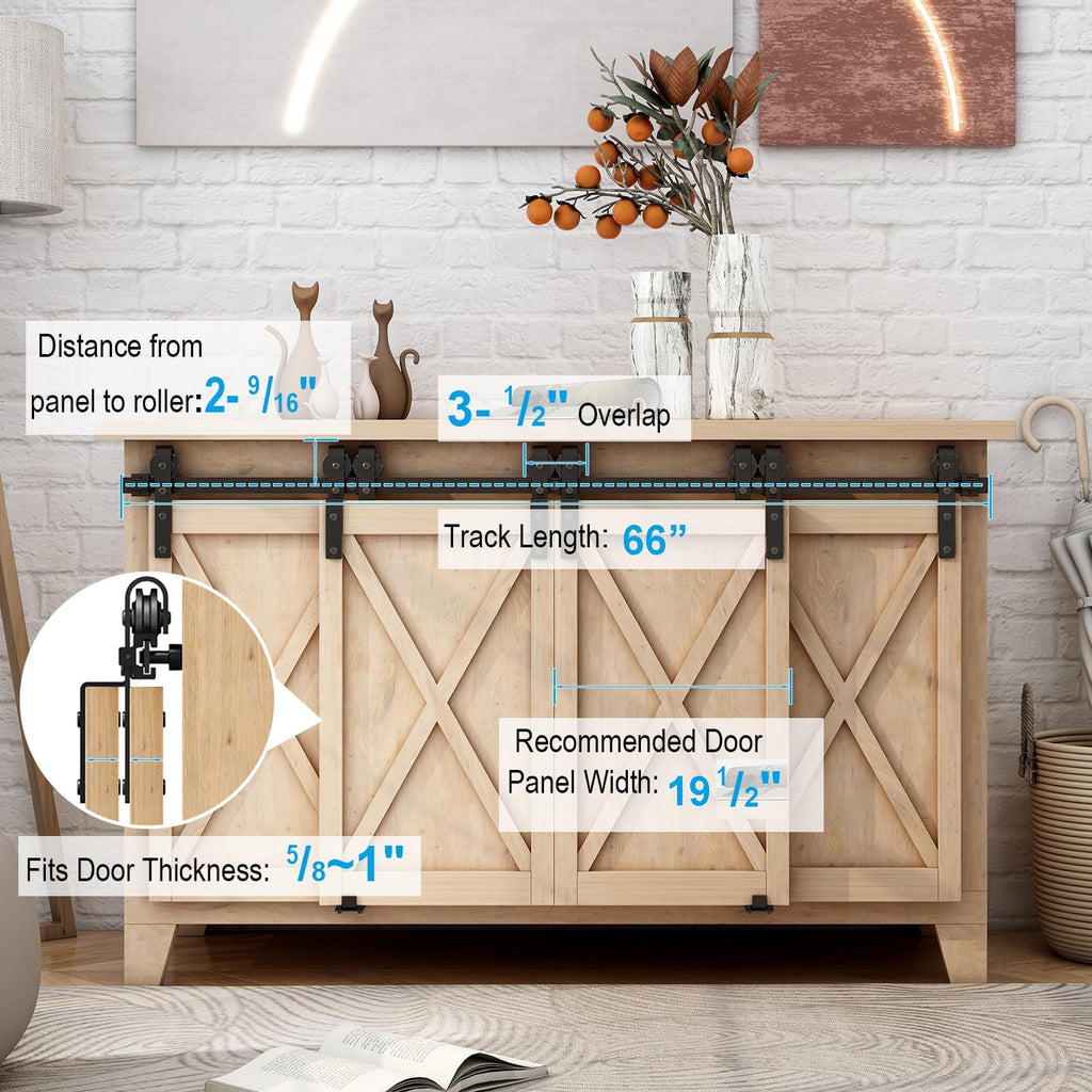 6FT Mini Bypass Barn Door Hardware Kit for 4 Doors, Small Cabinet Barn Door Hardware Track Kit for Cabinet, TV Stand, Cupboard (No Cabinet)