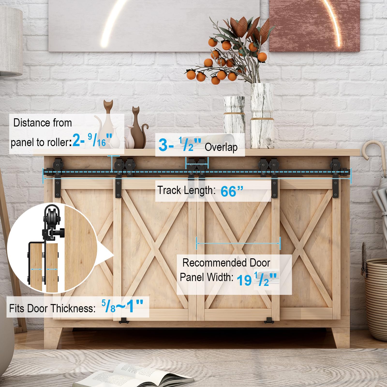6FT Mini Bypass Barn Door Hardware Kit for 4 Doors, Small Cabinet Barn Door Hardware Track Kit for Cabinet, TV Stand, Cupboard (No Cabinet)